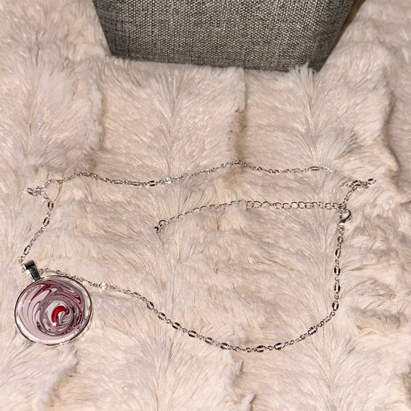 Hand painted Abstract Acrylic fluid art round bezel pendant necklace red white - Picture 8 of 8